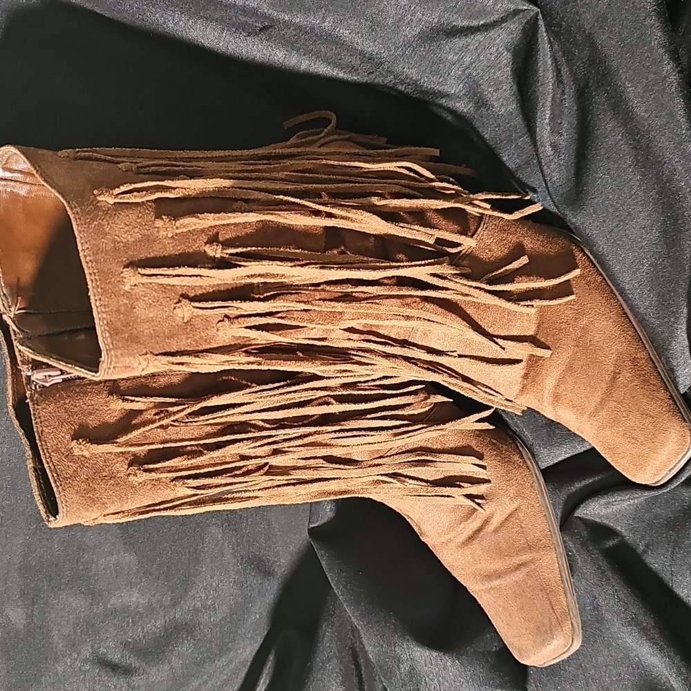 VINTAGE square-toe Splash Fringe Boots - Brown GUC sz 10